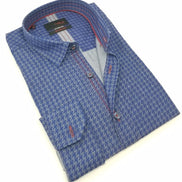 Royal Blue Pattern Denim Button Down Shirt Long Sleeve Button Down EightX   