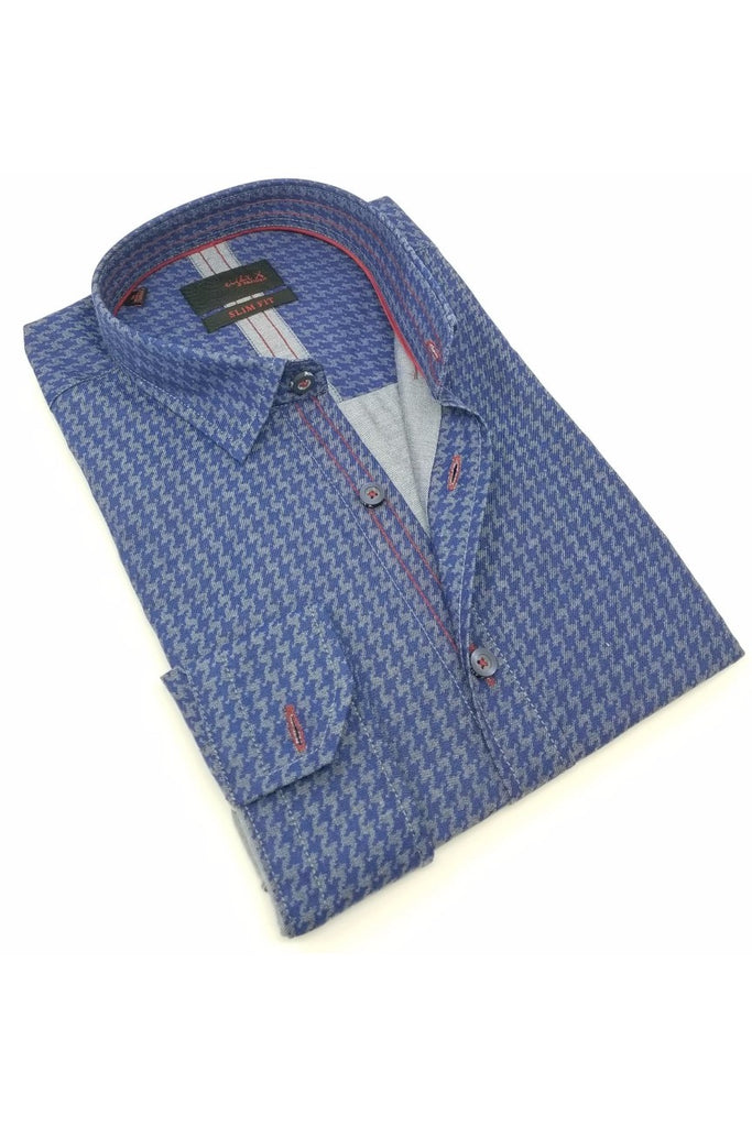 Royal Blue Pattern Denim Button Down Shirt Long Sleeve Button Down EightX   