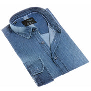 Navy Pattern Stone Wash Denim Button Down Shirt Long Sleeve Button Down EightX   