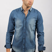 Navy Pattern Stone Wash Denim Button Down Shirt Long Sleeve Button Down EightX   