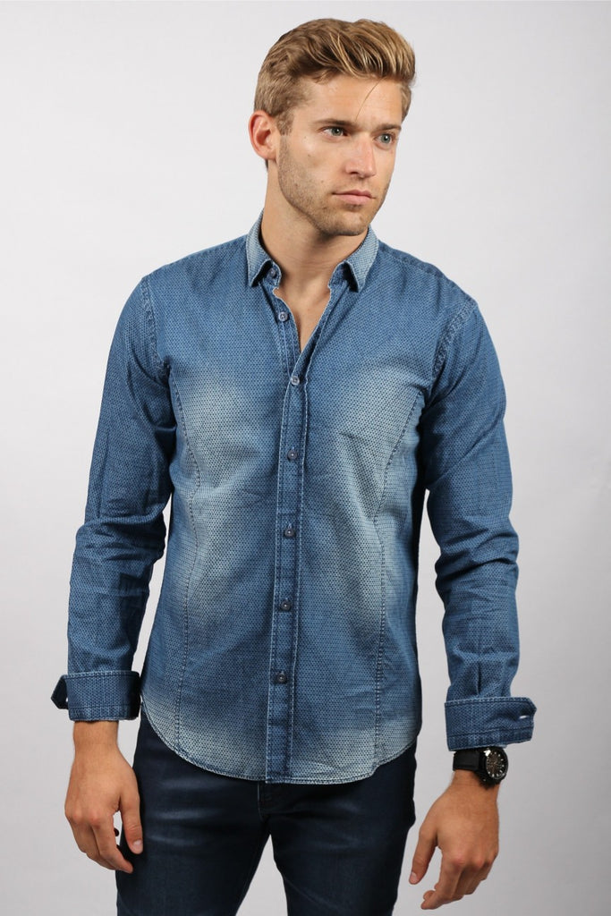 Navy Pattern Stone Wash Denim Button Down Shirt Long Sleeve Button Down EightX   