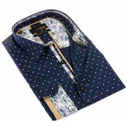 Navy Dots Button Down Print Shirt W/ Trim Long Sleeve Button Down EightX   