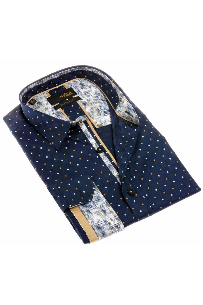 Navy Dots Button Down Print Shirt W/ Trim Long Sleeve Button Down EightX   