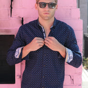 Navy Dots Button Down Print Shirt W/ Trim Long Sleeve Button Down EightX   
