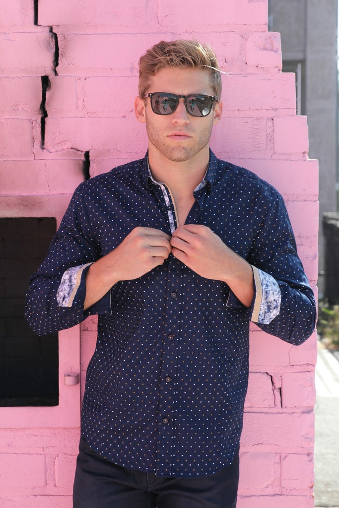 Navy Dots Button Down Print Shirt W/ Trim Long Sleeve Button Down EightX   