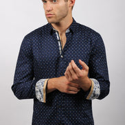 Navy Dots Button Down Print Shirt W/ Trim Long Sleeve Button Down EightX   