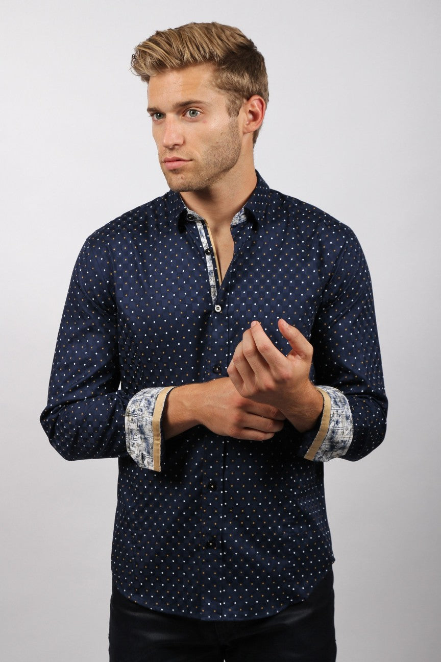 Navy Dots Button Down Print Shirt W/ Trim Long Sleeve Button Down EightX   