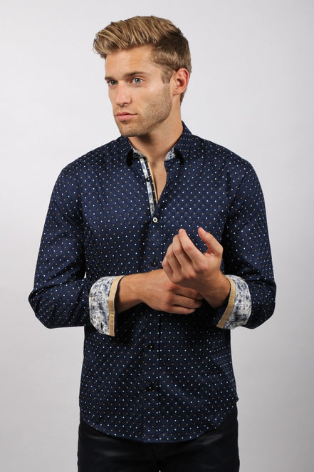 Navy Dots Button Down Print Shirt W/ Trim Long Sleeve Button Down EightX   