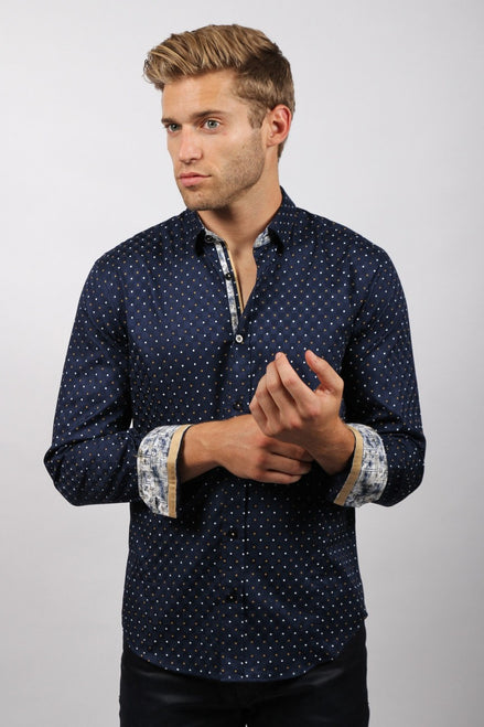 Navy Dots Button Down Print Shirt W/ Trim Long Sleeve Button Down EightX   