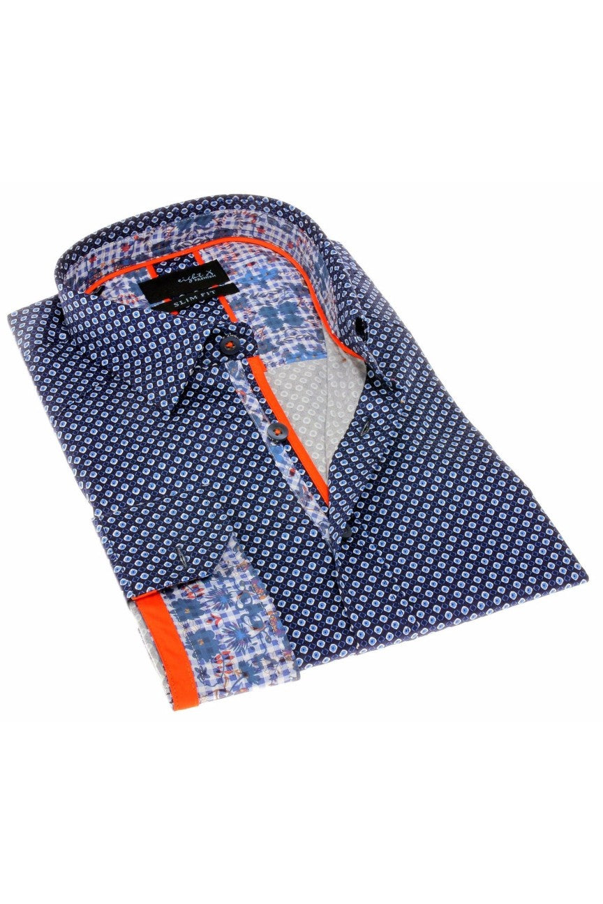 Navy Pattern Print Button Down Shirt Long Sleeve Button Down EightX   