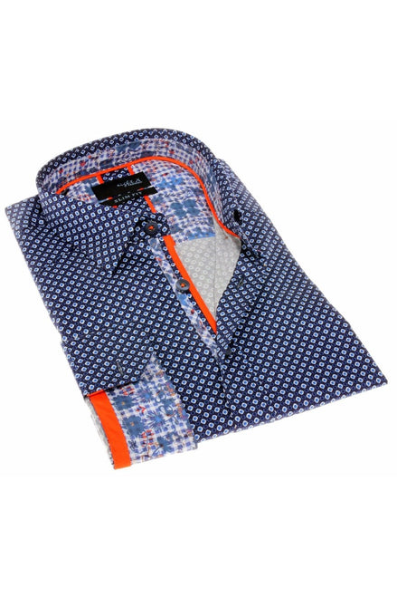 Navy Pattern Print Button Down Shirt Long Sleeve Button Down EightX   