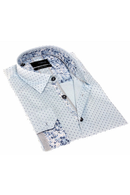 Sky Blue Polka Dots Button Down Shirt W/Trim Long Sleeve Button Down EightX   