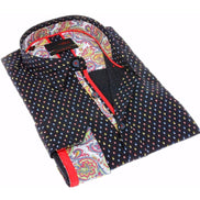 Navy Button Down Print W/Trim Long Sleeve Button Down EightX   