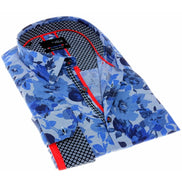 Blue Floral Button Down Print W/Trim Long Sleeve Button Down EightX   