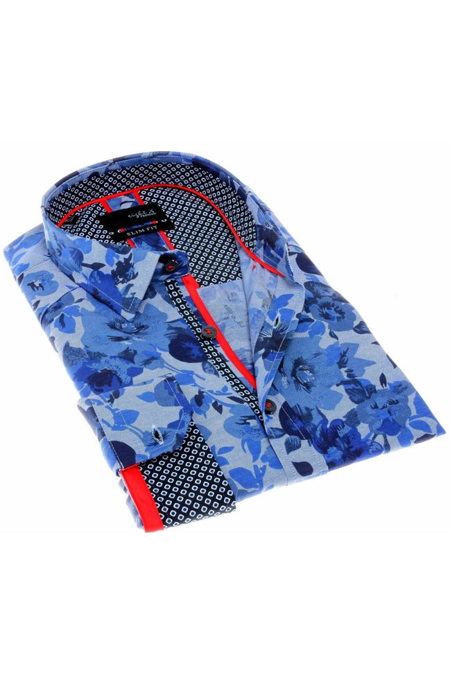 Blue Floral Button Down Print W/Trim Long Sleeve Button Down EightX   