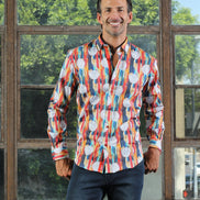 Retro Circles Design Button Down Shirt W/ Trim Long Sleeve Button Down EightX   