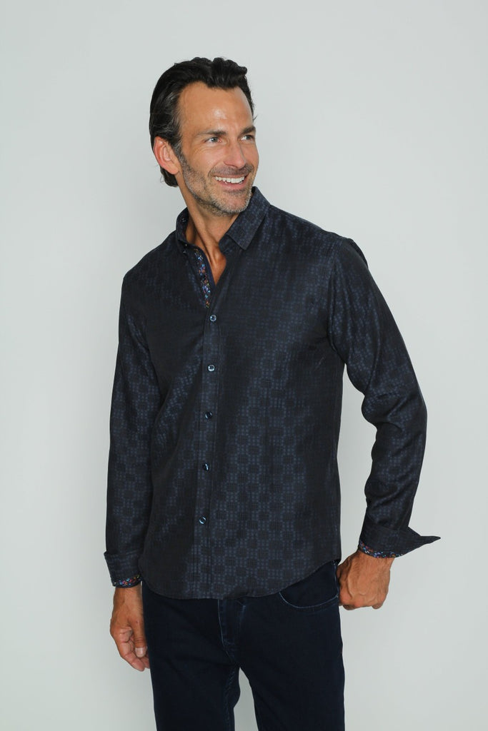 Navy Design Jacquard Button Down Shirt W/ Butterfly Trim Long Sleeve Button Down EightX   