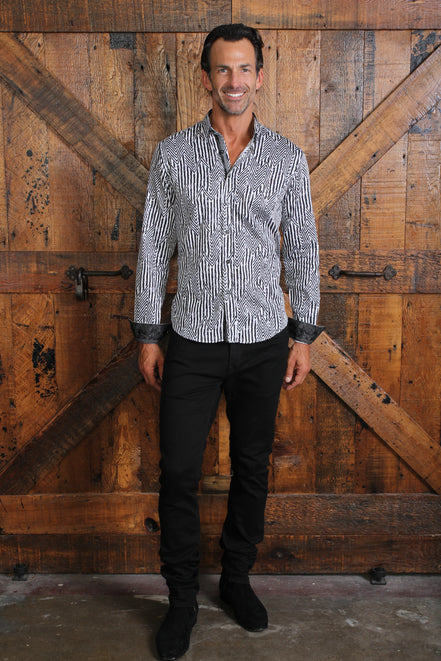 Chevron Black And White Button Down Shirt W/ Trim Long Sleeve Button Down EightX WHITE S 