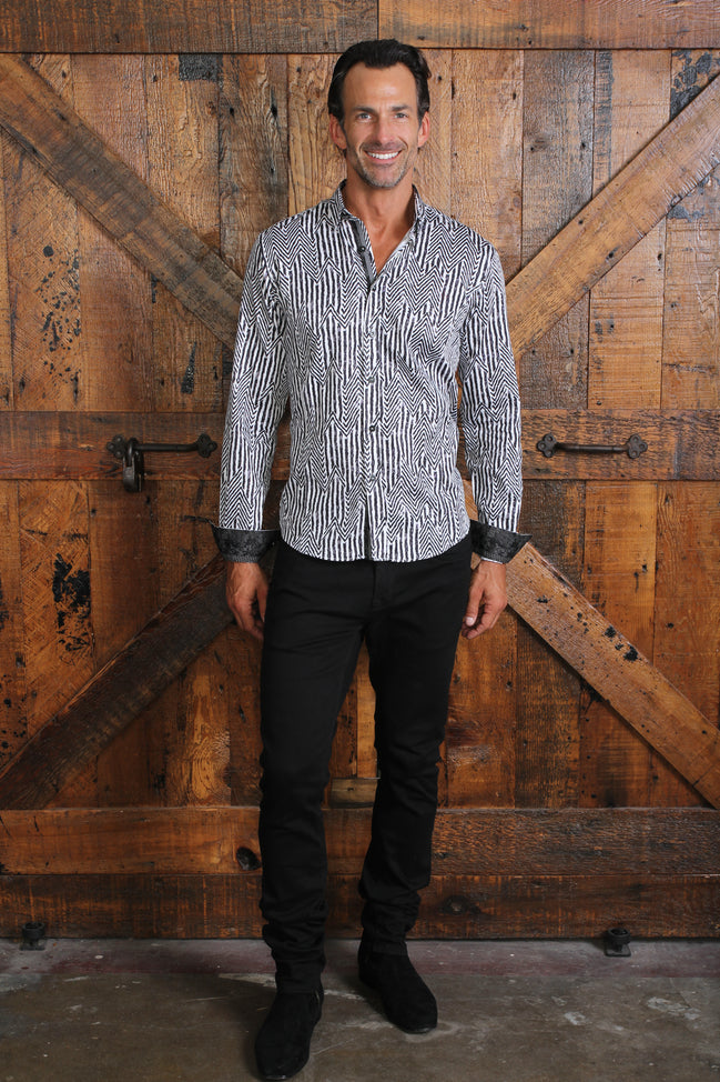 Chevron Black And White Button Down Shirt W/ Trim Long Sleeve Button Down EightX WHITE S 