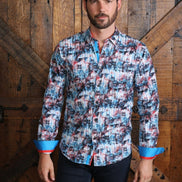 Turquoise Scenery Print Button Down Shirt W/ Trim Long Sleeve Button Down EightX   