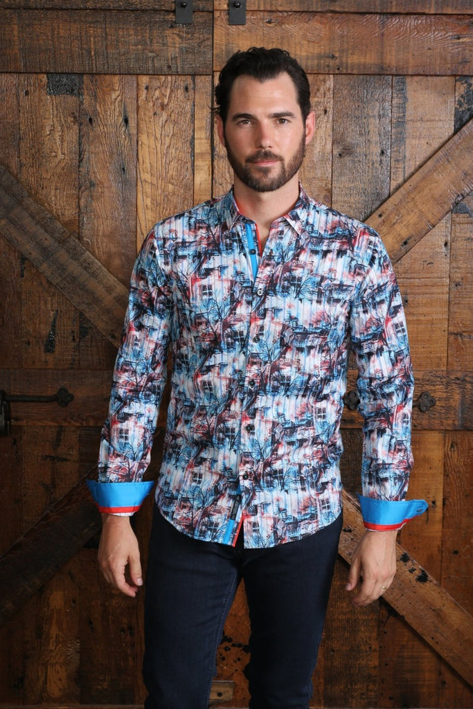 Turquoise Scenery Print Button Down Shirt W/ Trim Long Sleeve Button Down EightX   