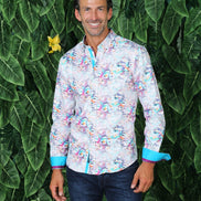 Retro Digital Button Down Shirt W/ Trim Long Sleeve Button Down EightX   