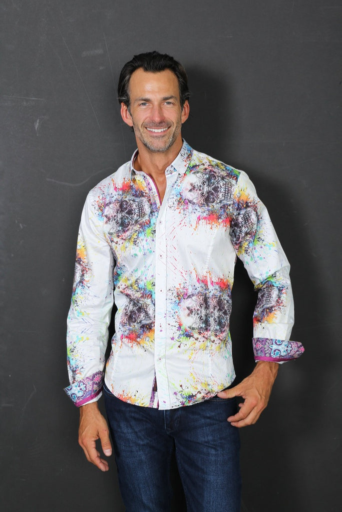 Paint Splash Skull Button Down Shirt Long Sleeve Button Down EightX   