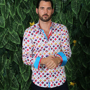 Color Grid Button Down Shirt W/ Turquoise Trim Long Sleeve Button Down EightX   