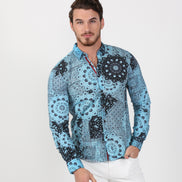 Aqua Button Down Wheel Shirt W/ Red Trim Long Sleeve Button Down EightX   