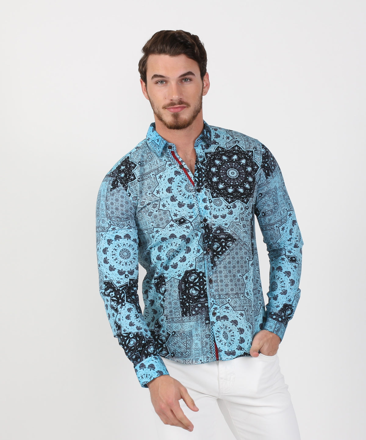 Aqua Button Down Wheel Shirt W/ Red Trim Long Sleeve Button Down EightX   