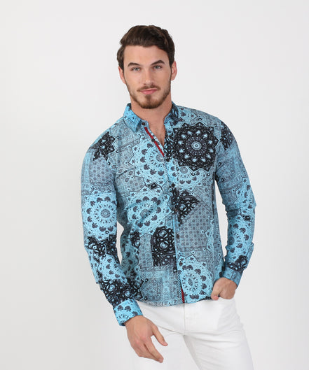 Aqua Button Down Wheel Shirt W/ Red Trim Long Sleeve Button Down EightX   