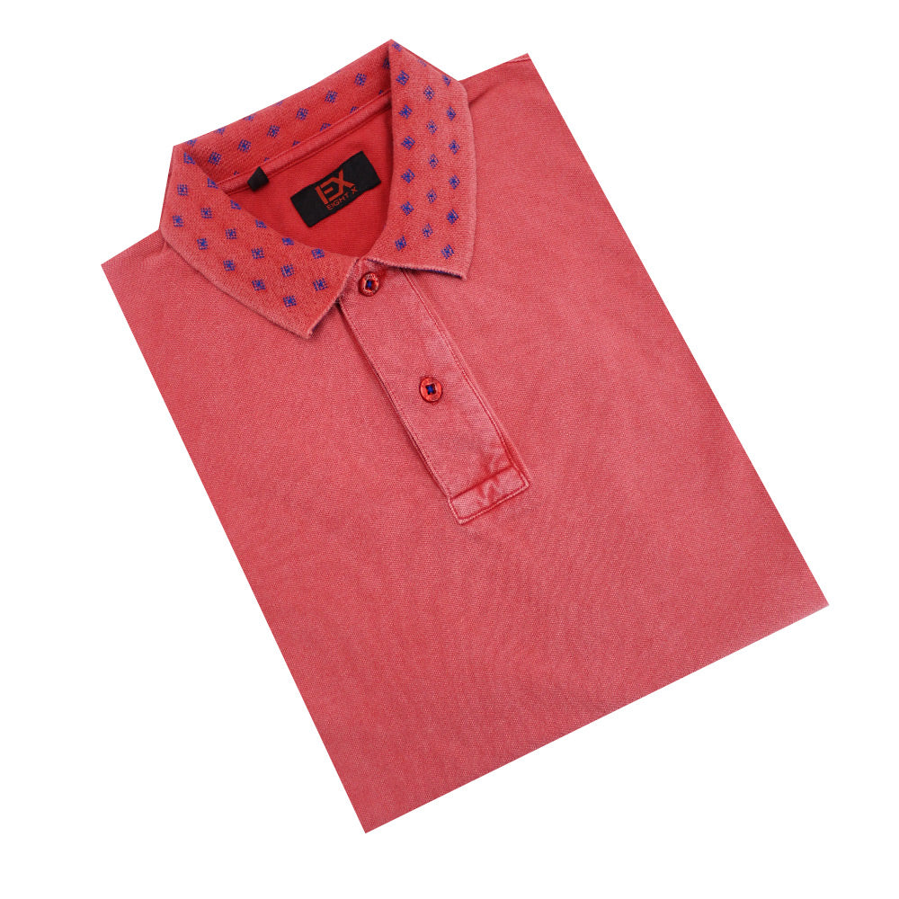 Folded coral polo with two-button placket and jacquard collar.