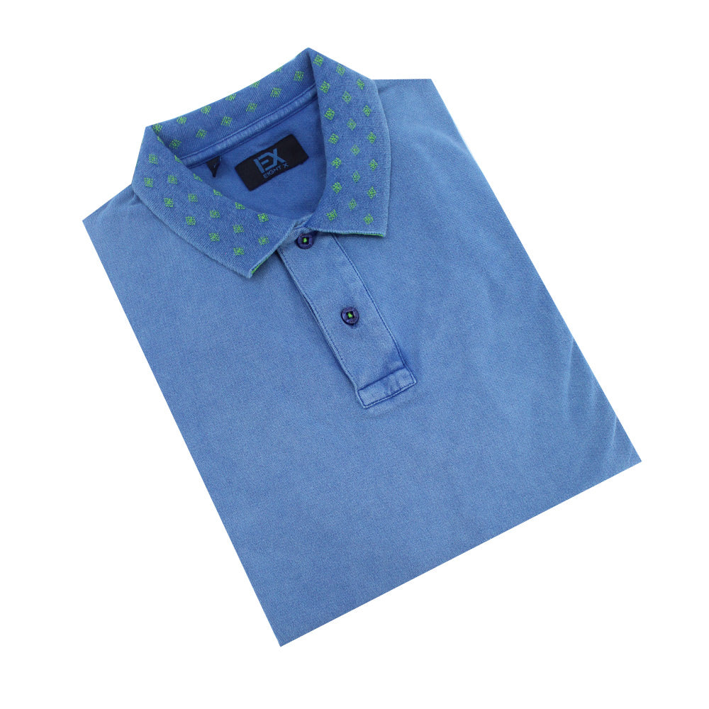 Powder-blue polo with diamond grid on collar and two-button placket.