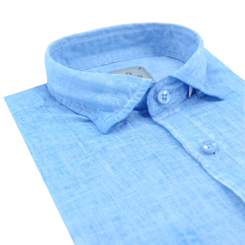 Solid Blue Linen Shirt Long Sleeve Button Down Eight-X   