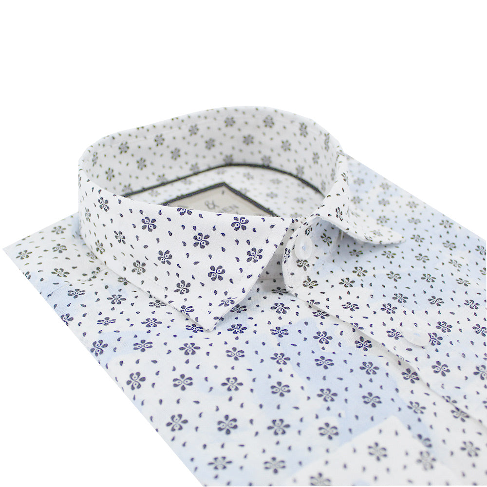 Floral Print Linen Shirt - Blue Tie Dye Long Sleeve Button Down Eight-X WHITE S 