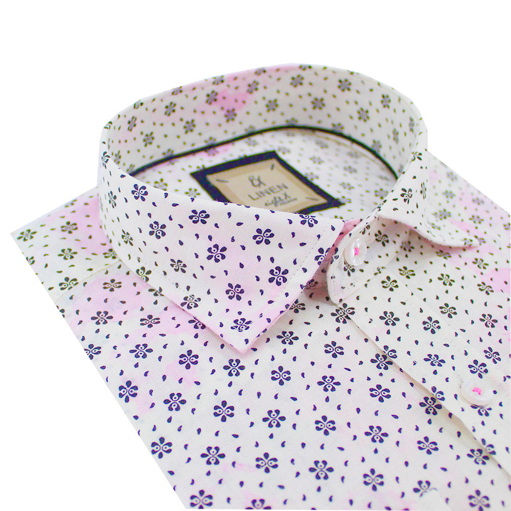 Floral Print Linen Shirt - Pink Tie Dye Long Sleeve Button Down Eight-X WHITE S 