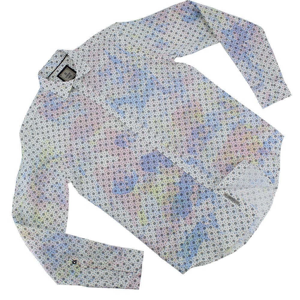 Long-sleeve, white linen button-up with lilac tie-dye finish and calico print. Includes white buttons and spread collar.
