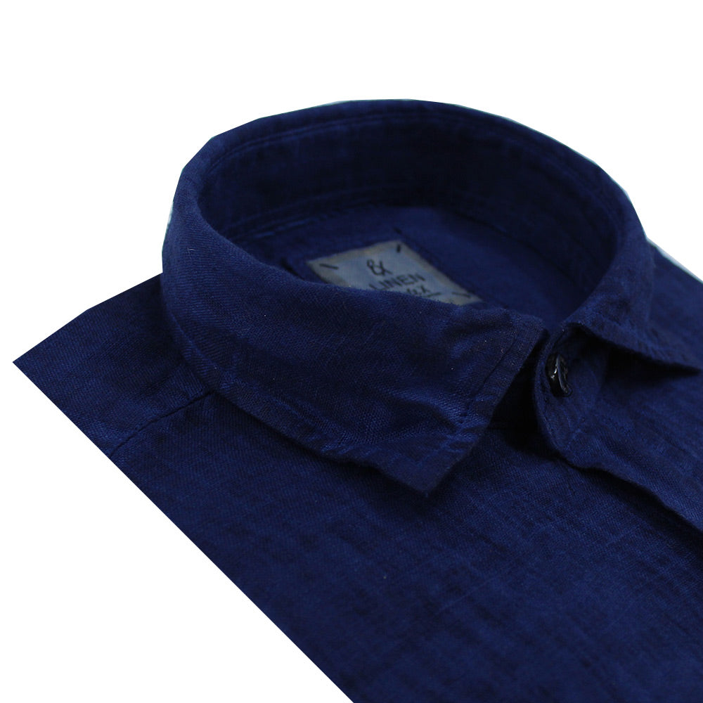 Up close shot of navy linen spread collar.