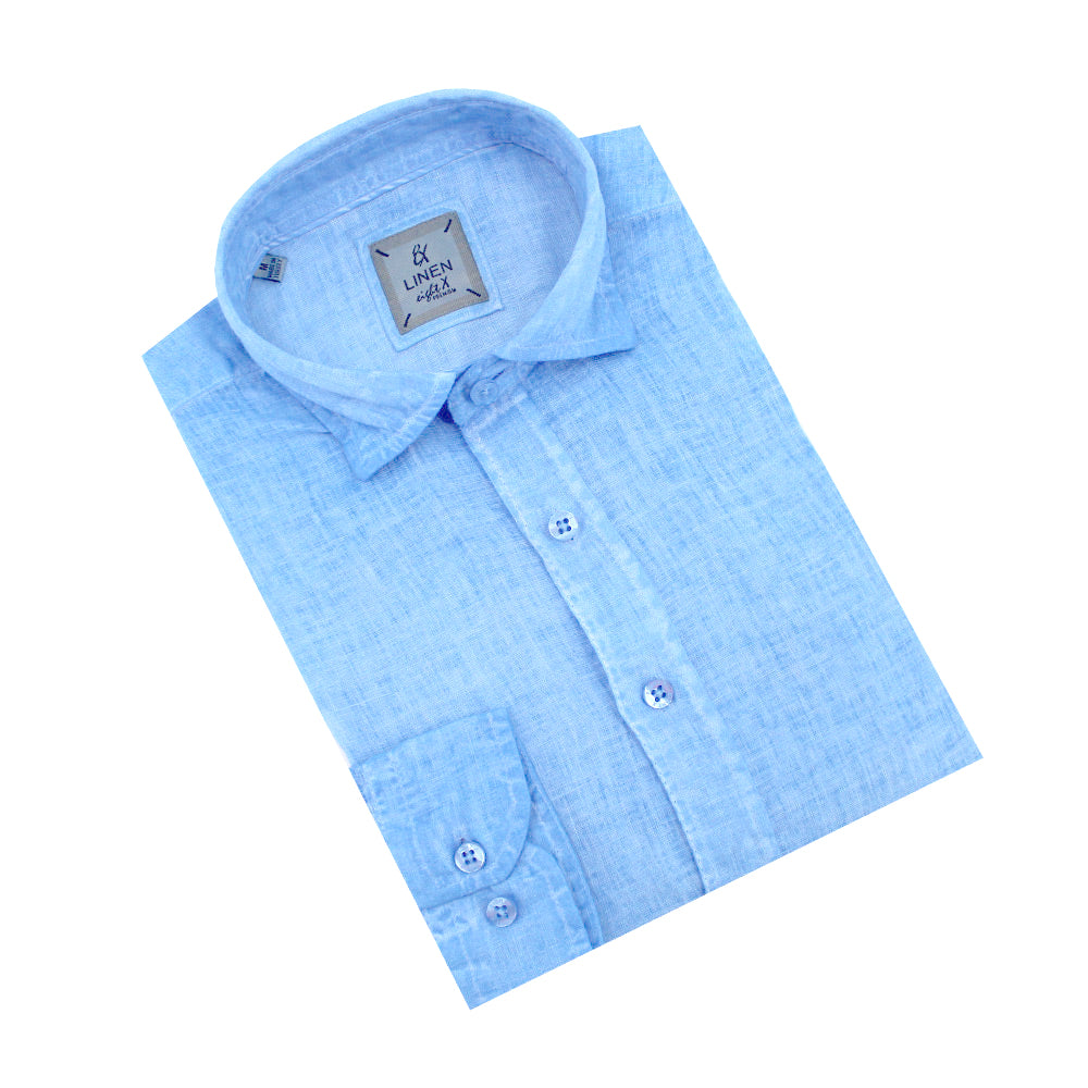 Solid Blue Linen Shirt Long Sleeve Button Down Eight-X BLUE S 