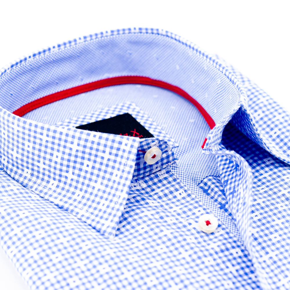 Jacquard Button Down Shirt W/Small Checkered Trim Long Sleeve Button Down EightX   