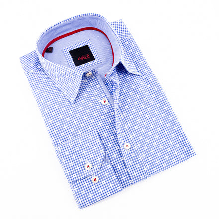 Jacquard Button Down Shirt W/Small Checkered Trim Long Sleeve Button Down EightX   