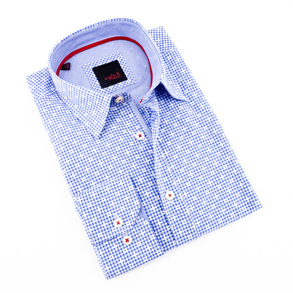 Jacquard Button Down Shirt W/Small Checkered Trim Long Sleeve Button Down EightX   