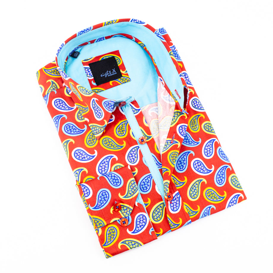Eight-X | Designer Dress Shirts | Paisley Print Button Up with Blue Trim Red / M Eight-X | Designer Dress Shirts | Paisley Print Button Up with Blue Trim Red / M