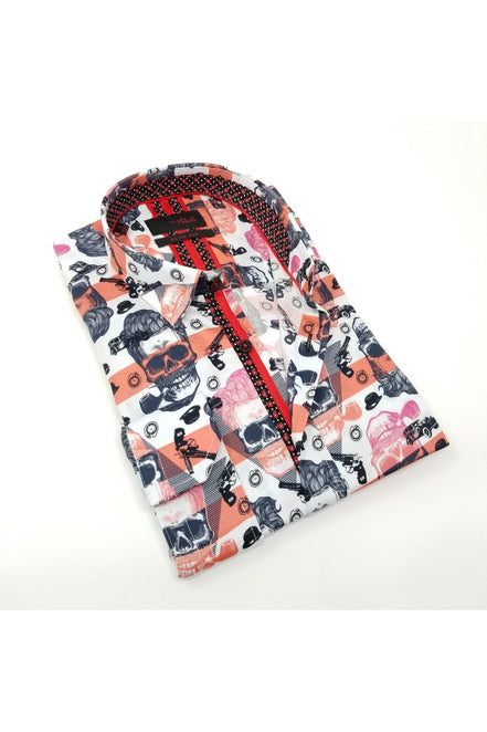 Red Skull Design Print Button Down Shirt W/ Trim Long Sleeve Button Down Eight-X   