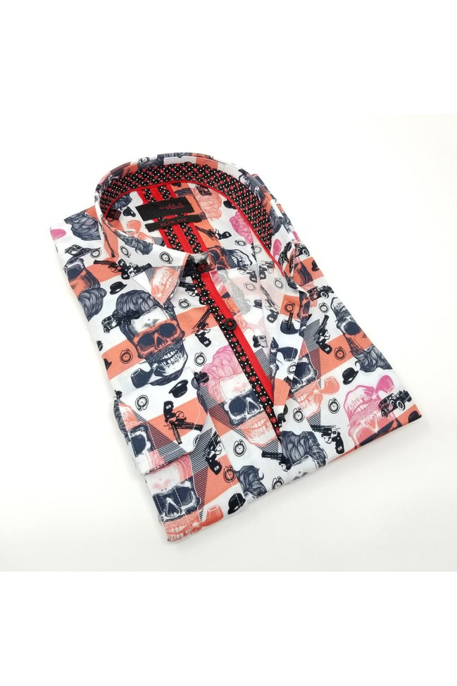 Red Skull Design Print Button Down Shirt W/ Trim Long Sleeve Button Down Eight-X   