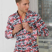 Red Skull Design Print Button Down Shirt W/ Trim Long Sleeve Button Down Eight-X   