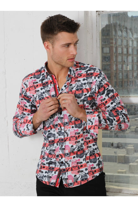 Red Skull Design Print Button Down Shirt W/ Trim Long Sleeve Button Down Eight-X   