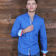 Colorful Blue Dots Button Down Print Shirt W/ Trim Long Sleeve Button Down Eight-X   