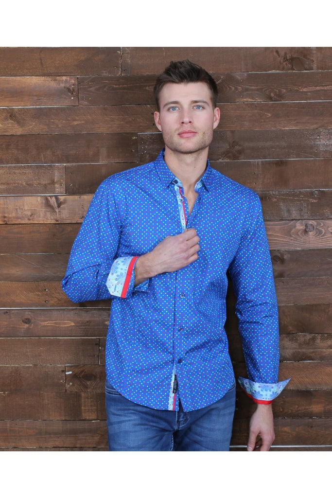 Colorful Blue Dots Button Down Print Shirt W/ Trim Long Sleeve Button Down Eight-X   