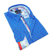 Colorful Blue Dots Button Down Print Shirt W/ Trim Long Sleeve Button Down Eight-X   